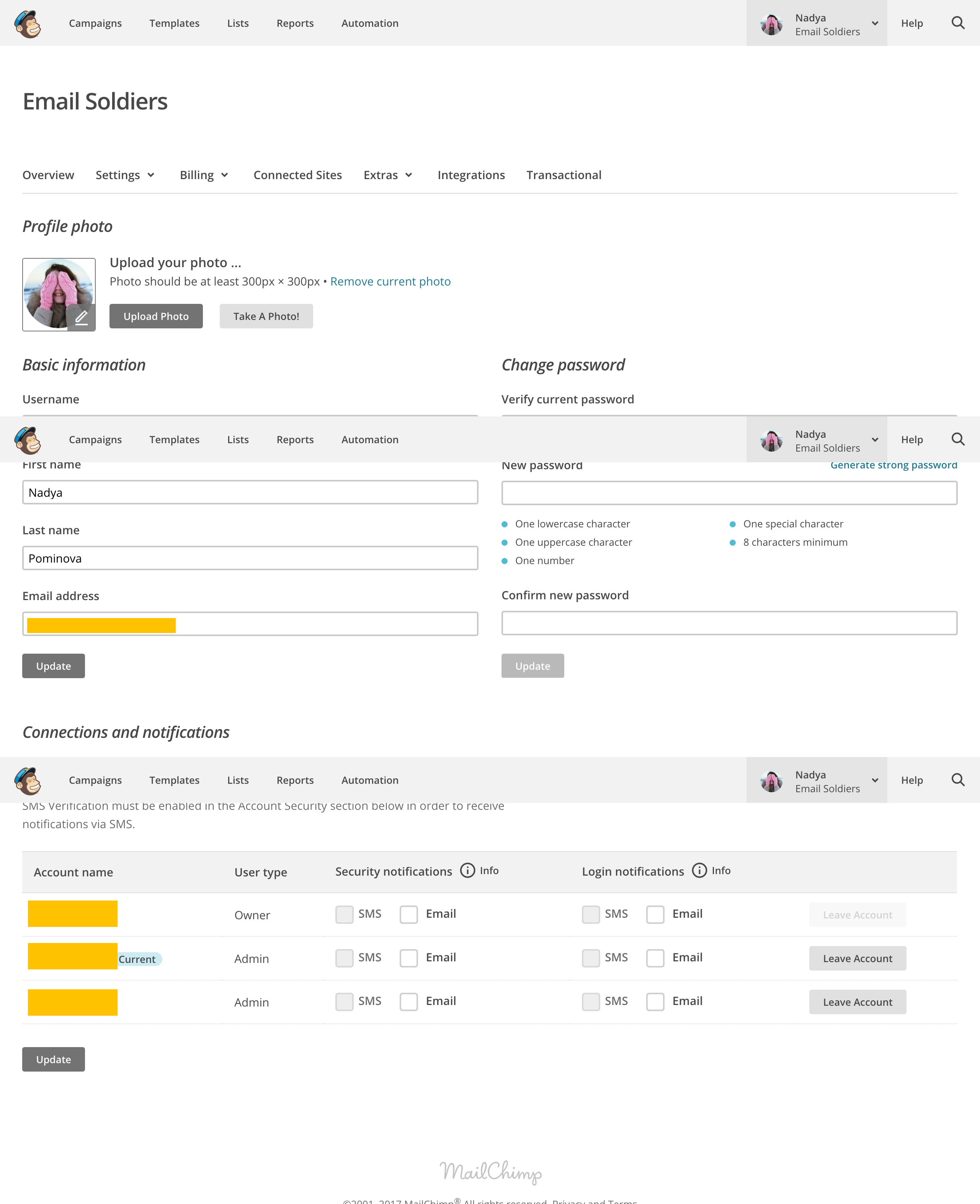 аккаунты и профили MailChimp