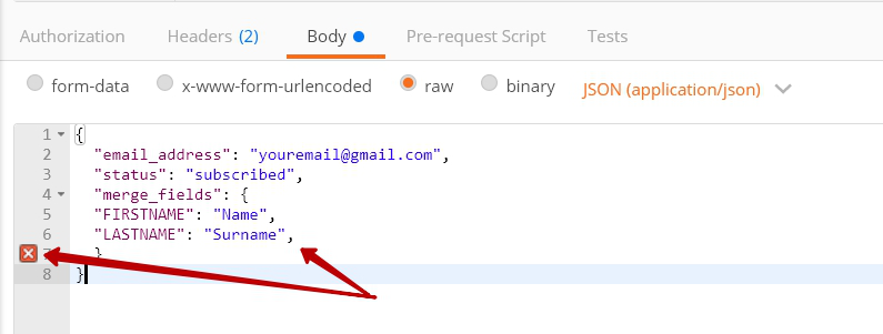 ошибка в синтаксисе API запроса в Mailchimp